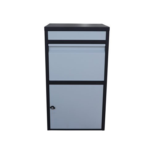 Box na balíky (410x385x720mm) s přepadovou lištou na ochranu balíků, tloušťka 0.8mm) velikost balíku: 320x300x180mm, barva: Černé tělo + bílý vhod